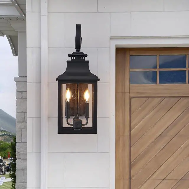 Alt view image 5 of 7 - 23"(H) 2-Pack Outdoor Wall Lantern Light Vintage Black Metal Sconce with Clear Seeded Glass for Porch, Patio, and Garden (Bulb Not included)