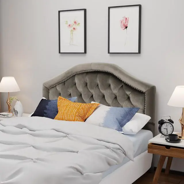 Alt view image 5 of 7 - Tufted Upholstered Headboard Queen Size, Solid Wood Head Board With Durable Metal Legs, Adjustable Height Queen Headboard With Nailhead Trim In Bedroom