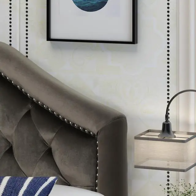 Alt view image 4 of 7 - Tufted Upholstered Headboard Queen Size, Solid Wood Head Board With Durable Metal Legs, Adjustable Height Queen Headboard With Nailhead Trim In Bedroom