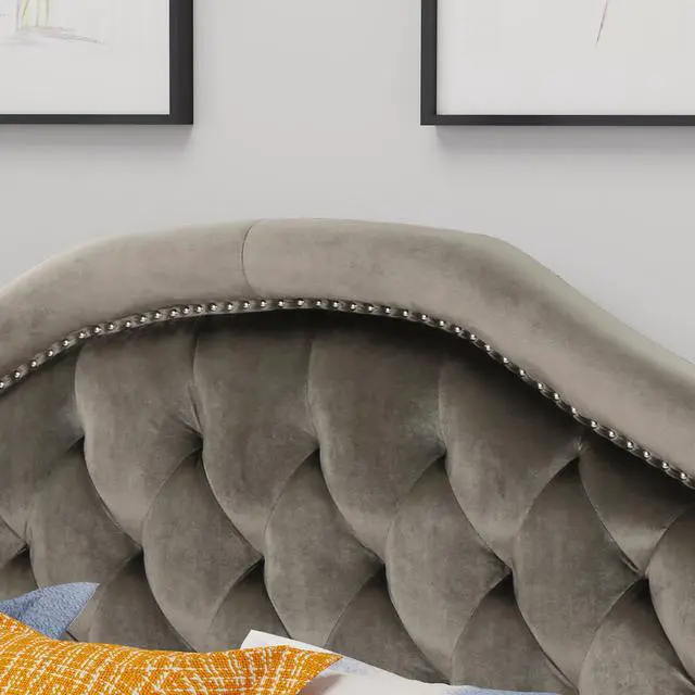Alt view image 6 of 7 - Tufted Upholstered Headboard Queen Size, Solid Wood Head Board With Durable Metal Legs, Adjustable Height Queen Headboard With Nailhead Trim In Bedroom