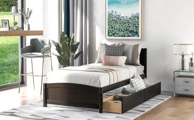 Alt view image 3 of 7 - Twin Size Platform Bed With Two Drawers, Espresso
