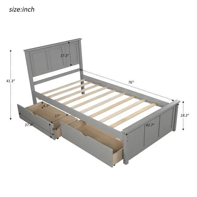 Alt view image 3 of 7 - Platform Storage Bed, 2 Drawers With Wheels, Twin Size Frame, Gray