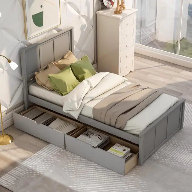 Alt view image 4 of 7 - Platform Storage Bed, 2 Drawers With Wheels, Twin Size Frame, Gray