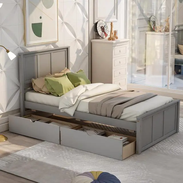 Alt view image 2 of 7 - Platform Storage Bed, 2 Drawers With Wheels, Twin Size Frame, Gray