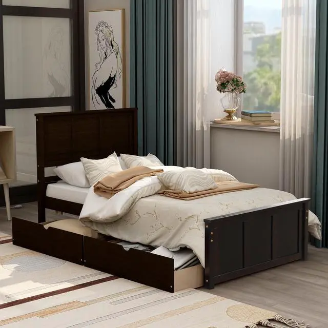 Alt view image 2 of 7 - Platform Storage Bed, 2 Drawers With Wheels, Twin Size Frame, Espresso