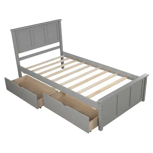 Alt view image 7 of 7 - Platform Storage Bed, 2 Drawers With Wheels, Twin Size Frame, Gray