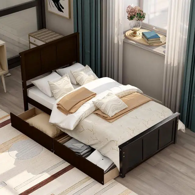 Alt view image 4 of 7 - Platform Storage Bed, 2 Drawers With Wheels, Twin Size Frame, Espresso