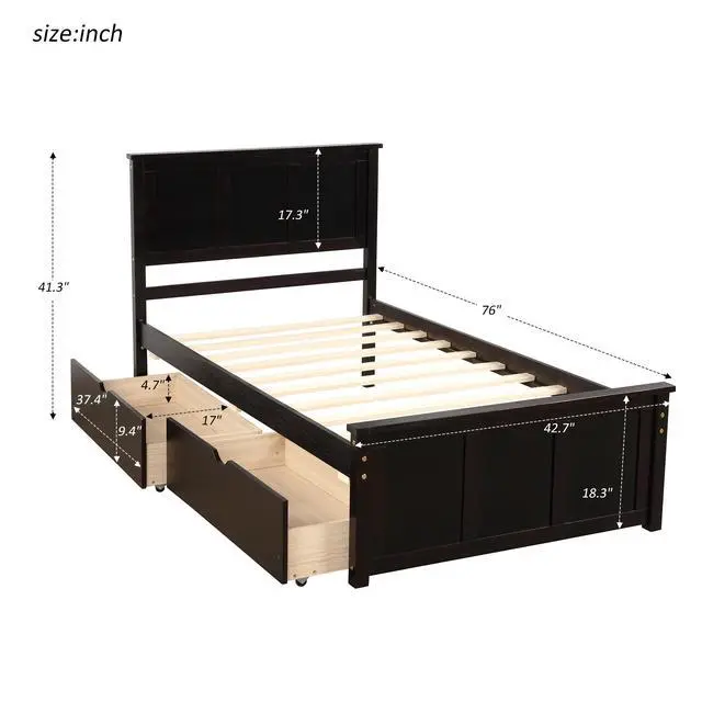 Alt view image 3 of 7 - Platform Storage Bed, 2 Drawers With Wheels, Twin Size Frame, Espresso