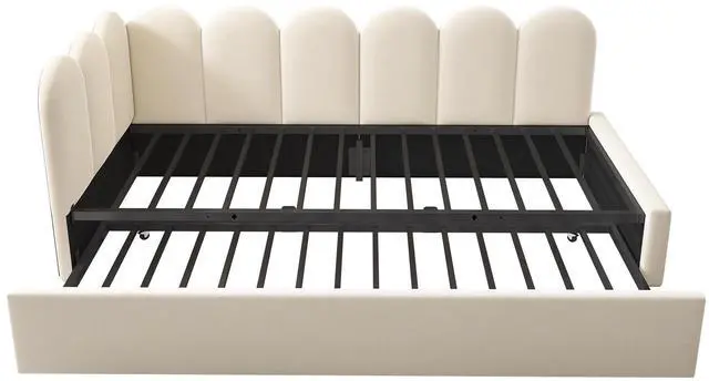 Main image of Upholstered Bed Daybed With Pull-Out Bed, Twin Size Single Sofa Bed,Guest Beds For Adults And Children, Bed With Metal Slatted Frame, Velvet, Beige (Without Mattress)
