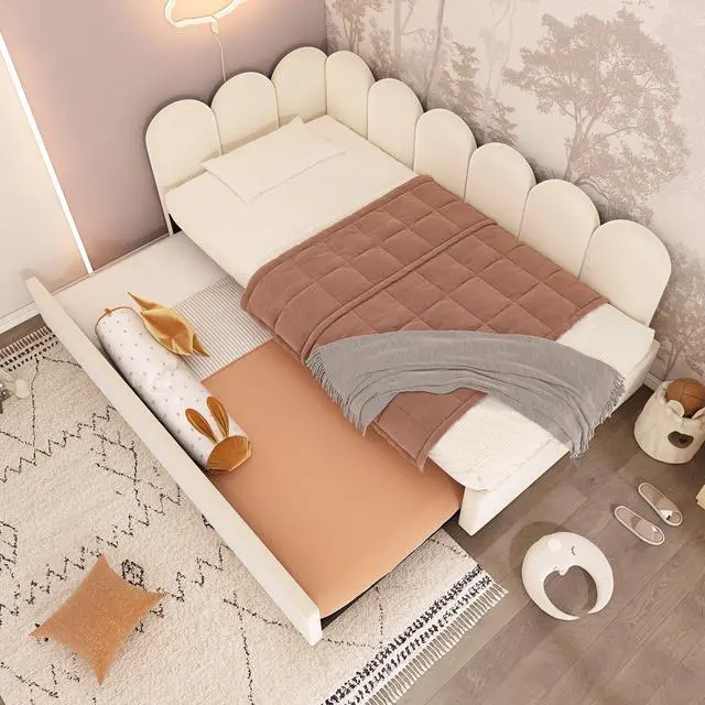 Alt view image 2 of 7 - Upholstered Bed Daybed With Pull-Out Bed, Twin Size Single Sofa Bed,Guest Beds For Adults And Children, Bed With Metal Slatted Frame, Velvet, Beige (Without Mattress)