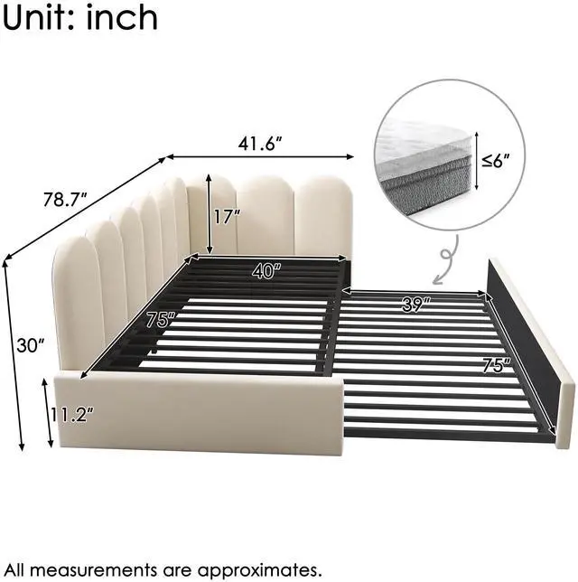 Alt view image 3 of 7 - Upholstered Bed Daybed With Pull-Out Bed, Twin Size Single Sofa Bed,Guest Beds For Adults And Children, Bed With Metal Slatted Frame, Velvet, Beige (Without Mattress)