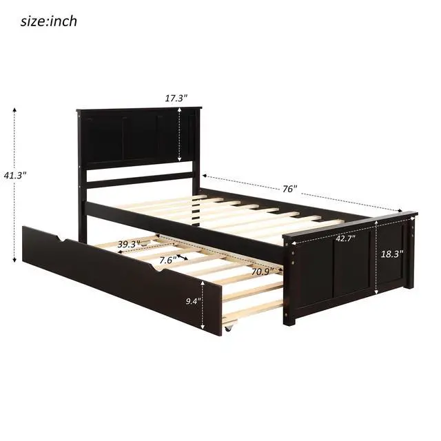 Alt view image 3 of 7 - Platform Bed With Twin Size Trundle, Twin Size Frame, Espresso