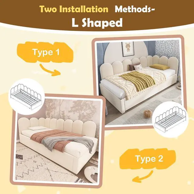 Alt view image 4 of 7 - Upholstered Bed Daybed With Pull-Out Bed, Twin Size Single Sofa Bed,Guest Beds For Adults And Children, Bed With Metal Slatted Frame, Velvet, Beige (Without Mattress)