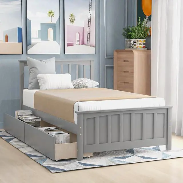 Alt view image 2 of 7 - Twin Size Platform Bed With Two Drawers, Gray