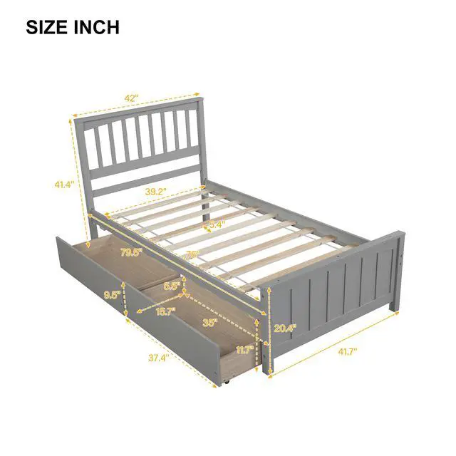 Alt view image 3 of 7 - Twin Size Platform Bed With Two Drawers, Gray