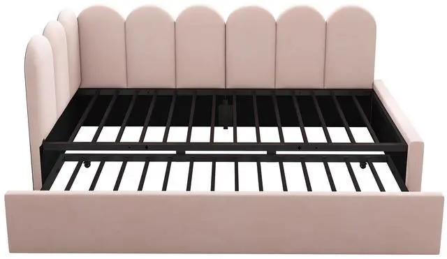 Main image of Upholstered Bed Daybed With Pull-Out Bed, Twin Size Single Sofa Bed,Guest Beds For Adults And Children, Bed With Metal Slatted Frame, Velvet, Pink (Without Mattress)