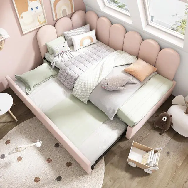 Alt view image 2 of 7 - Upholstered Bed Daybed With Pull-Out Bed, Twin Size Single Sofa Bed,Guest Beds For Adults And Children, Bed With Metal Slatted Frame, Velvet, Pink (Without Mattress)