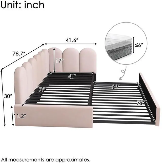 Alt view image 3 of 7 - Upholstered Bed Daybed With Pull-Out Bed, Twin Size Single Sofa Bed,Guest Beds For Adults And Children, Bed With Metal Slatted Frame, Velvet, Pink (Without Mattress)