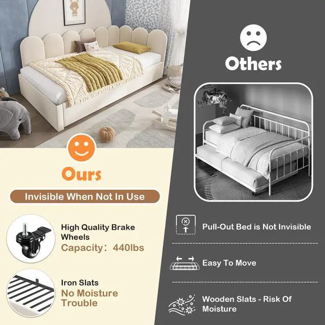 Alt view image 5 of 7 - Upholstered Bed Daybed With Pull-Out Bed, Twin Size Single Sofa Bed,Guest Beds For Adults And Children, Bed With Metal Slatted Frame, Velvet, Beige (Without Mattress)