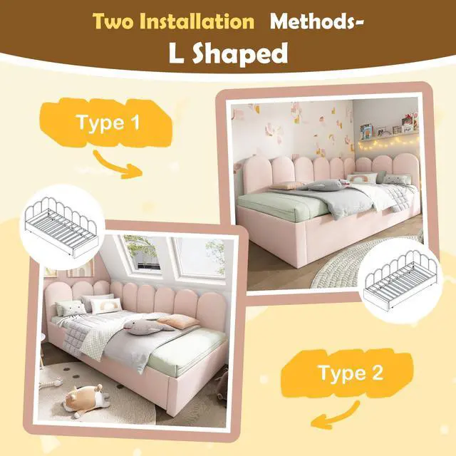 Alt view image 4 of 7 - Upholstered Bed Daybed With Pull-Out Bed, Twin Size Single Sofa Bed,Guest Beds For Adults And Children, Bed With Metal Slatted Frame, Velvet, Pink (Without Mattress)