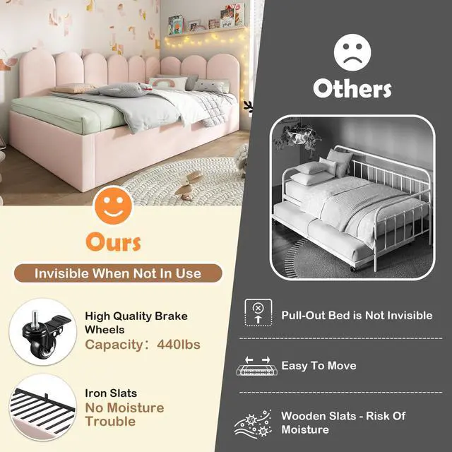 Alt view image 5 of 7 - Upholstered Bed Daybed With Pull-Out Bed, Twin Size Single Sofa Bed,Guest Beds For Adults And Children, Bed With Metal Slatted Frame, Velvet, Pink (Without Mattress)