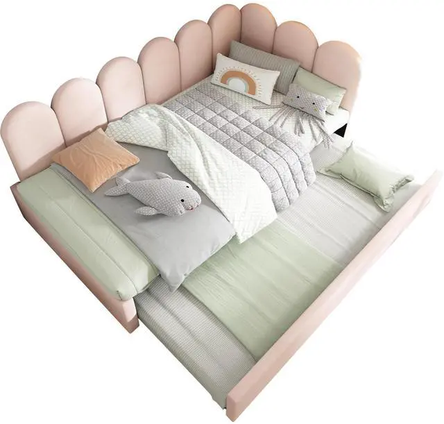 Alt view image 7 of 7 - Upholstered Bed Daybed With Pull-Out Bed, Twin Size Single Sofa Bed,Guest Beds For Adults And Children, Bed With Metal Slatted Frame, Velvet, Pink (Without Mattress)