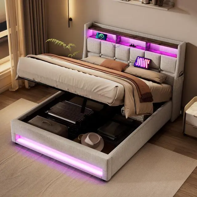 Alt view image 4 of 7 - Full Size Upholstered Platform Bed With A Hydraulic Storage System, Led And Charging Station, No Box Spring Needed, Easy Assembly, Noise-Free, Natural (Without Mattress)