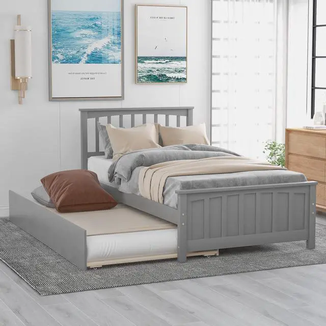 Main image of Twin Size Platform Bed With Trundle, Gray