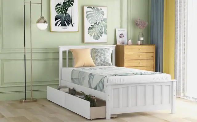 Alt view image 3 of 7 - Twin Size Platform Bed With Two Drawers, White