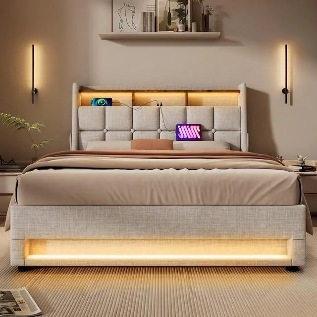 Alt view image 5 of 7 - Full Size Upholstered Platform Bed With A Hydraulic Storage System, Led And Charging Station, No Box Spring Needed, Easy Assembly, Noise-Free, Natural (Without Mattress)