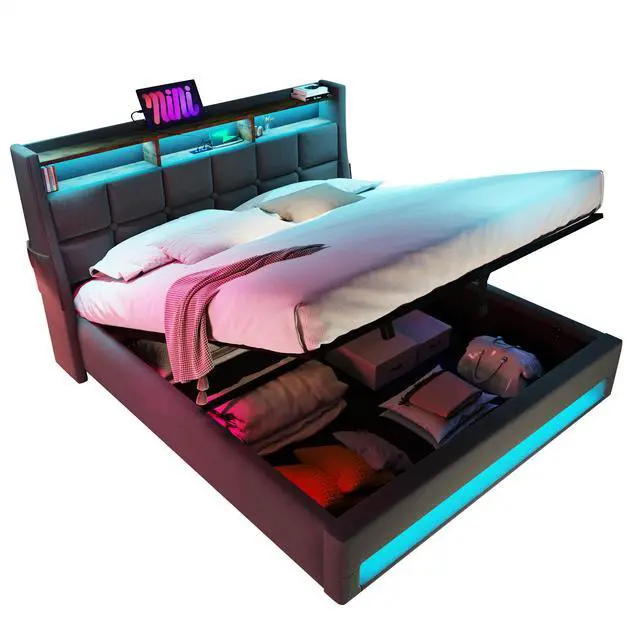 Alt view image 2 of 7 - Full Size Upholstered Platform Bed With A Hydraulic Storage System, Led And Charging Station, No Box Spring Needed, Easy Assembly, Noise-Free, Grey (Without Mattress)
