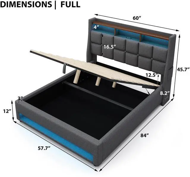 Alt view image 3 of 7 - Full Size Upholstered Platform Bed With A Hydraulic Storage System, Led And Charging Station, No Box Spring Needed, Easy Assembly, Noise-Free, Grey (Without Mattress)