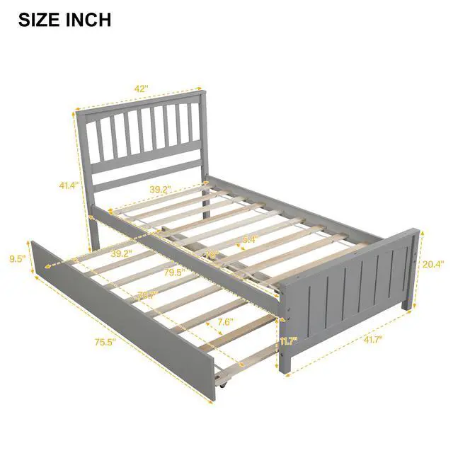 Alt view image 7 of 7 - Twin Size Platform Bed With Trundle, Gray