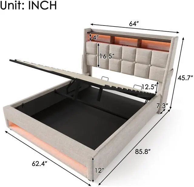 Alt view image 3 of 7 - Queen Size Upholstered Platform Bed With A Hydraulic Storage System, Led And Usb Charging, Natural (Without Mattress)