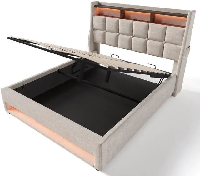 Main image of Queen Size Upholstered Platform Bed With A Hydraulic Storage System, Led And Usb Charging, Natural (Without Mattress)
