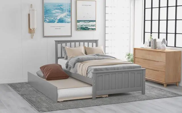 Alt view image 3 of 7 - Twin Size Platform Bed With Trundle, Gray
