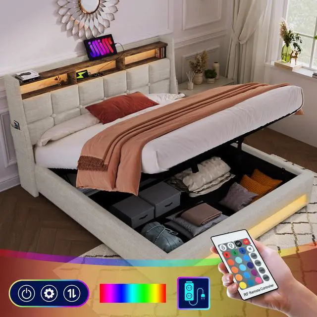 Alt view image 5 of 7 - Queen Size Upholstered Platform Bed With A Hydraulic Storage System, Led And Usb Charging, Natural (Without Mattress)