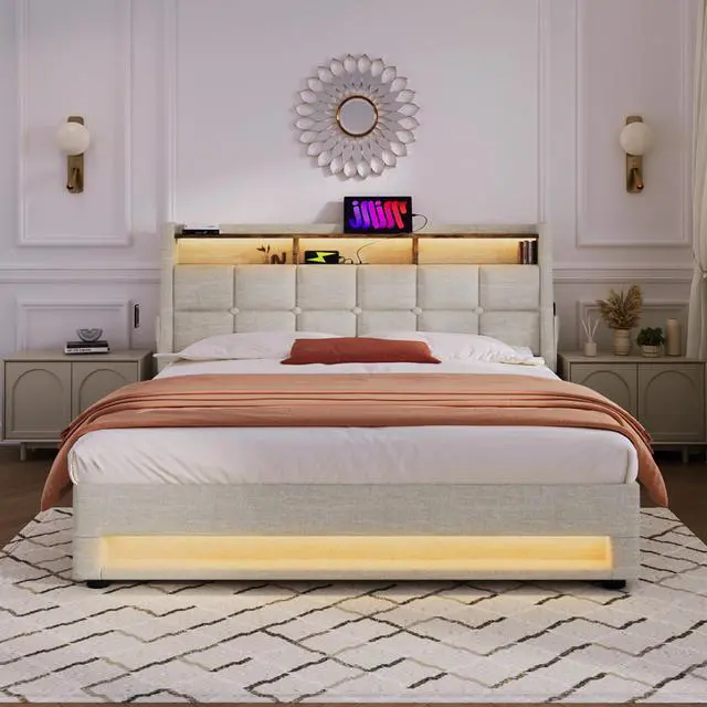 Alt view image 6 of 7 - Queen Size Upholstered Platform Bed With A Hydraulic Storage System, Led And Usb Charging, Natural (Without Mattress)