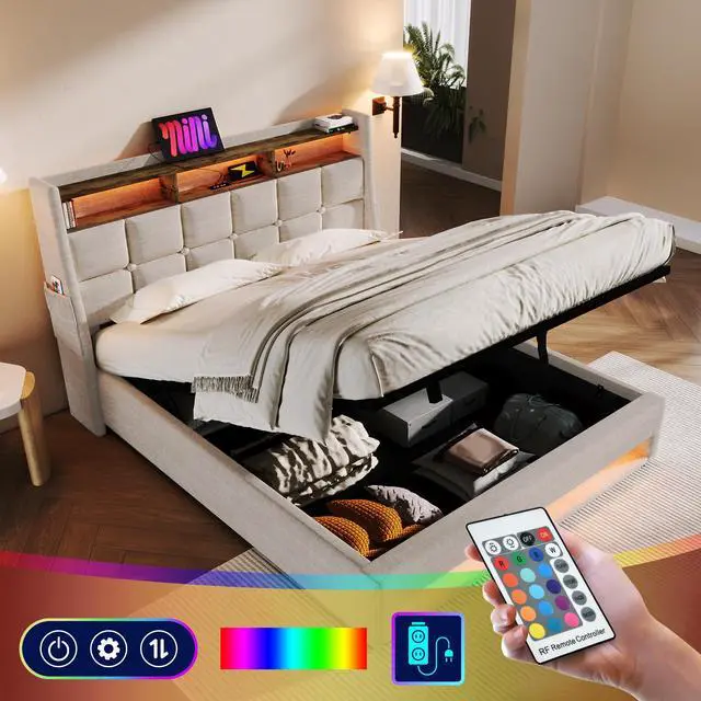 Alt view image 4 of 7 - Queen Size Upholstered Platform Bed With A Hydraulic Storage System, Led And Usb Charging, Natural (Without Mattress)