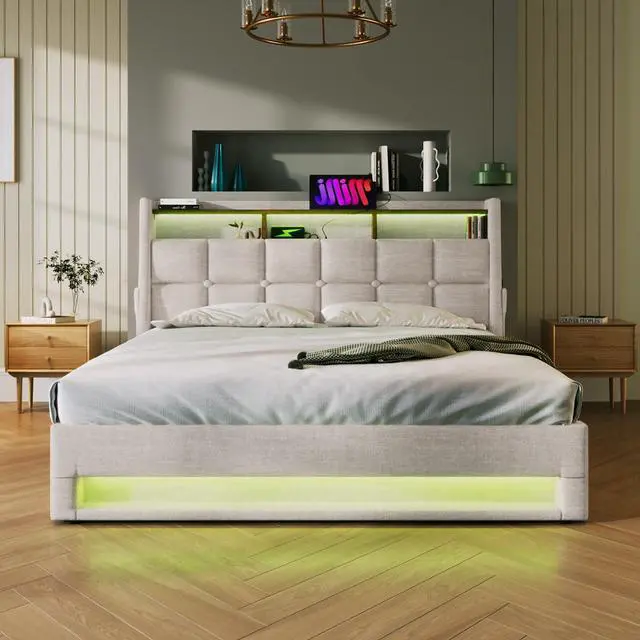 Alt view image 7 of 7 - Queen Size Upholstered Platform Bed With A Hydraulic Storage System, Led And Usb Charging, Natural (Without Mattress)