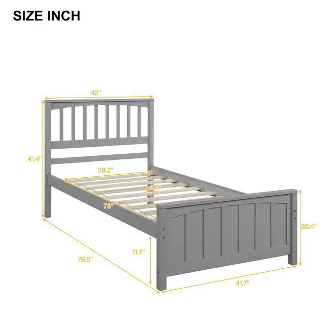 Alt view image 3 of 7 - Wood Platform Bed Twin Size Platform Bed, Gray