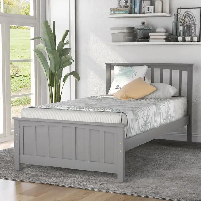Alt view image 2 of 7 - Wood Platform Bed Twin Size Platform Bed, Gray
