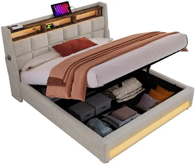 Alt view image 2 of 7 - Full Size Upholstered Platform Bed With A Hydraulic Storage System, Led And Charging Station, No Box Spring Needed, Easy Assembly, Noise-Free, Natural (Without Mattress)