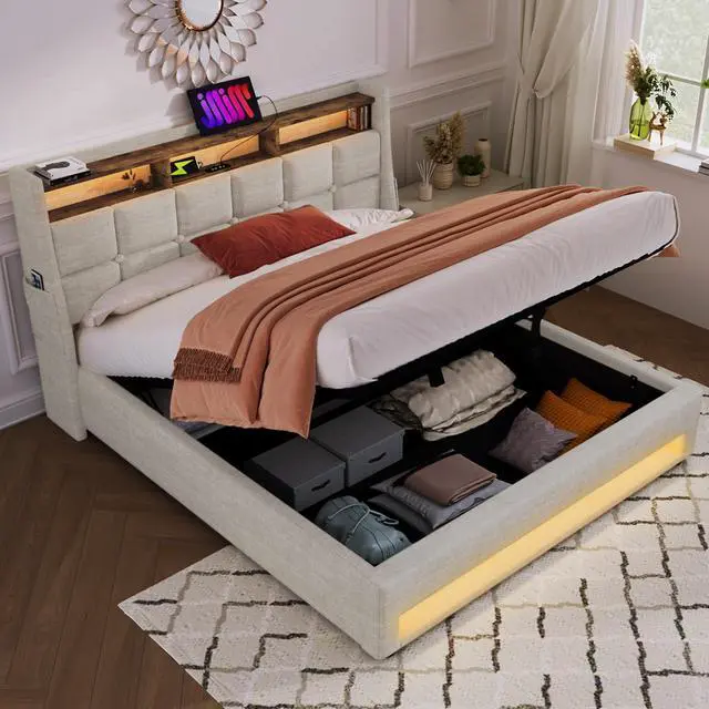 Alt view image 6 of 7 - Full Size Upholstered Platform Bed With A Hydraulic Storage System, Led And Charging Station, No Box Spring Needed, Easy Assembly, Noise-Free, Natural (Without Mattress)