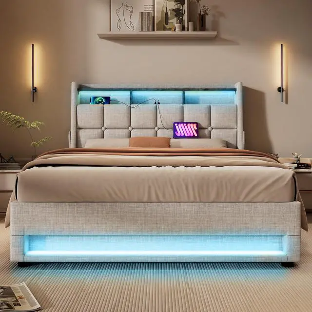 Alt view image 5 of 7 - Queen Size Upholstered Platform Bed With A Hydraulic Storage System, Led And Charging Station, No Box Spring Needed, Easy Assembly, Noise-Free, Natural (Without Mattress)