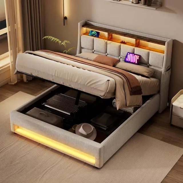 Alt view image 6 of 7 - Queen Size Upholstered Platform Bed With A Hydraulic Storage System, Led And Charging Station, No Box Spring Needed, Easy Assembly, Noise-Free, Natural (Without Mattress)