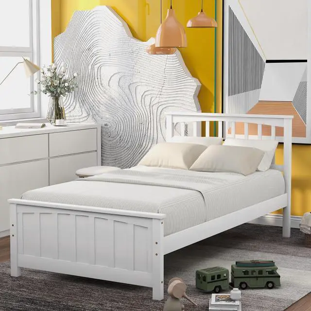 Alt view image 2 of 7 - Wood Platform Bed Twin Size Platform Bed, White(Old Sku:Wf190776Aak Less Two Center Support Legs)