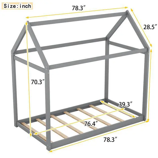 Alt view image 3 of 7 - Twin Size Wooden House Bed, Gray