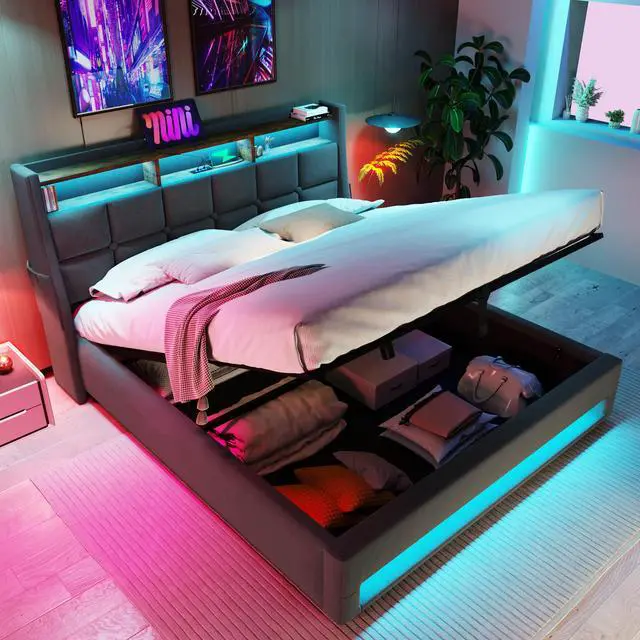 Alt view image 5 of 7 - Queen Size Upholstered Platform Bed With A Hydraulic Storage System, Led And Charging Station, No Box Spring Needed, Easy Assembly, Noise-Free, Grey (Without Mattress)