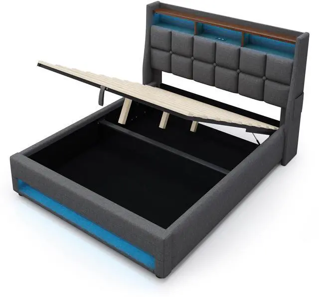 Alt view image 2 of 7 - Queen Size Upholstered Platform Bed With A Hydraulic Storage System, Led And Charging Station, No Box Spring Needed, Easy Assembly, Noise-Free, Grey (Without Mattress)
